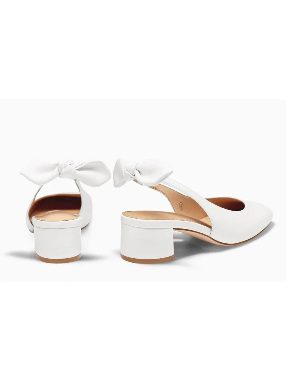 Women's White Faux Leather Chunky Low Heels Bow Slingback Closed Square Toe Pump